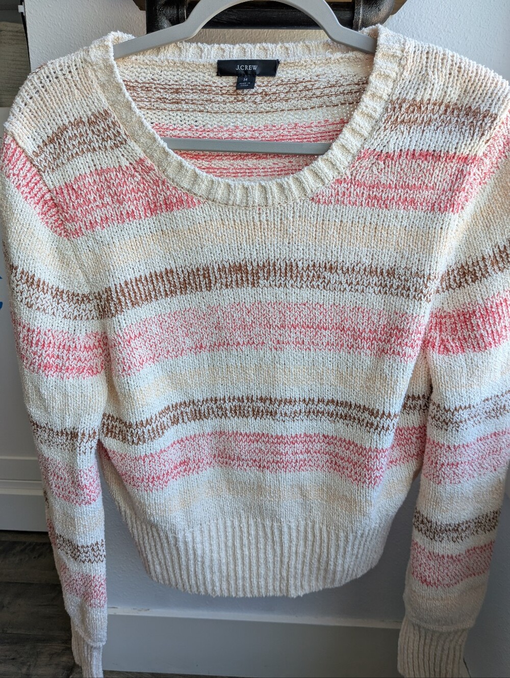 J.Crew Re-Imagined Striped Bouclé Knit Sweater Pink Brown Cream M